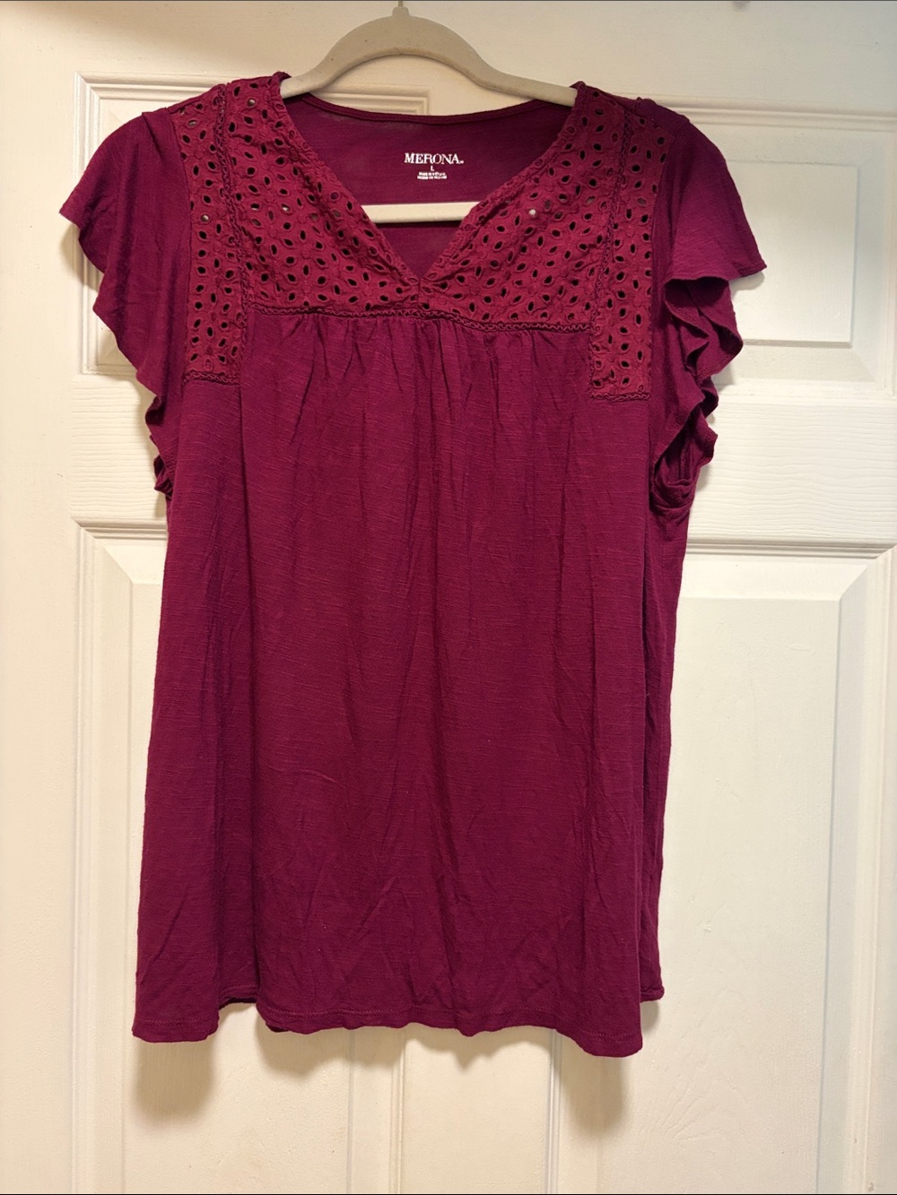 Merona Plum Eyelet V-Neck Flutter Sleeve Top